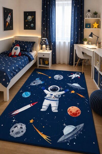 NORELLAHOME Astronot Çocuk Halısı Kaymaz Taban Yıkanabilir Uzay Temalı Erkek ...