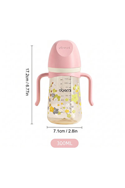 Oberni Set 2 Căni de Tranziție / Biberoane pentru Bebeluși, 300 ml, cu Pai și Mânere, Fără BPA, Sistem Anti-vărsare, Roz