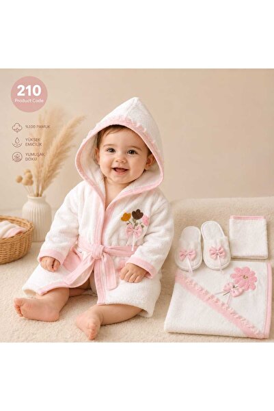 UmBaby Unisex Bebek Bornoz Seti %100 Pamuk Nakışlı Yenidoğan Banyo Havlu Seti...