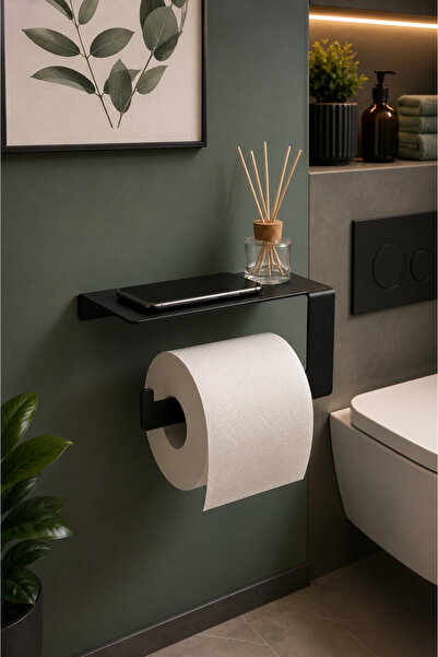 YDGR Mat Siyah Metal Wc Tuvalet Kağıdı Askılığı Telefon Standlı