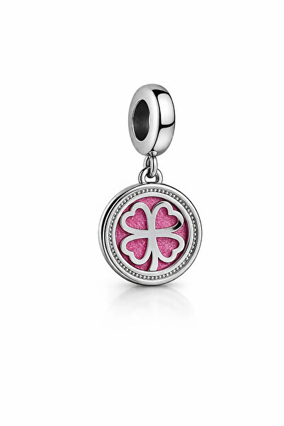 MakeWell Steel Four-Leaf Clover Figured Dangle Charm – Pink Stone Lucky Theme...