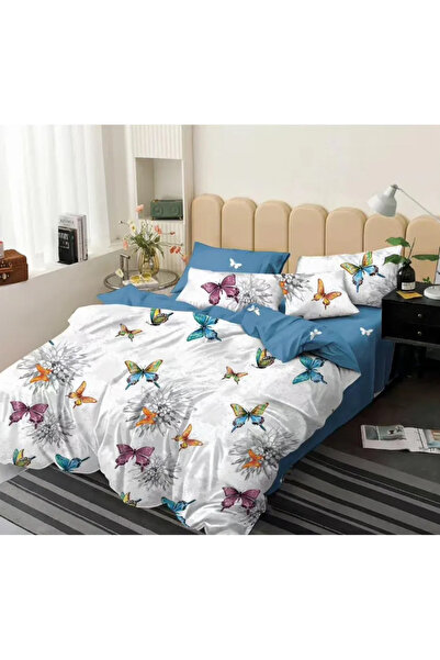 Sky Home Set de lenjerie de pat Finet 6 piese, alb cu fluturi și flori colora...