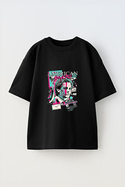 Anetos Tricou oversize negru din bumbac cu imprimeu frontal American Psycho D...