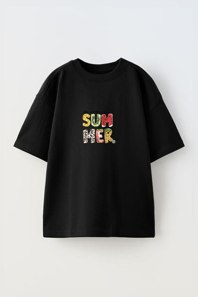 Anetos Tricou oversize negru din bumbac cu imprimeu frontal Summer Fruits Design