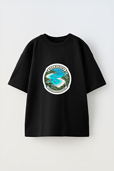 Anetos Tricou oversize negru din bumbac cu imprimeu frontal Halkidiki Greece ...