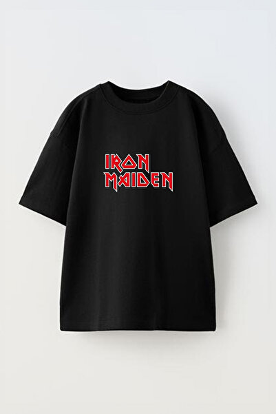 Anetos Tricou oversize negru din bumbac cu imprimeu frontal Iron Maiden Design