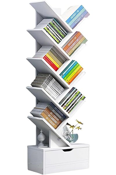 Arabest 10-Tier Floor Standing Tree Bookshelf, Bookcase with Drawer, Modern B...