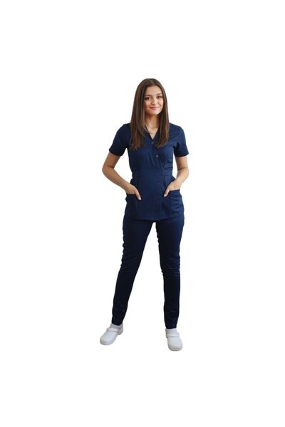 RUNI Navy blue kimono medical suit consisting of a blouse and Stretchy trousers