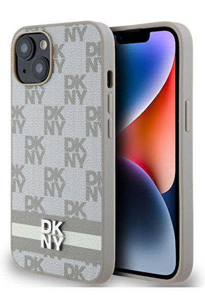 Dkny Θήκη από δερματίνη PU με καρό σχέδιο και ρίγες για iPhone 15, Μπεζ, Κωδι...