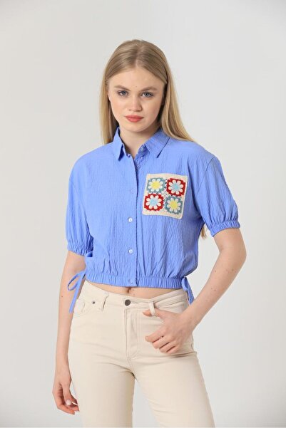 VERYMODA Blue Embroidered Pocket Shirt with Elasticated Sleeves |   D2308