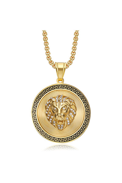 Tessero Lant Barbatesc Cu Pandantiv Rotund Cap de Leu, Model Grecesc Versace ...
