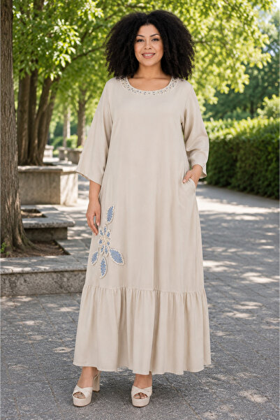 DARKWIN Plus Size Crew Neck Stone Detailed Embroidered Skirt Hem Ruffle Loose...