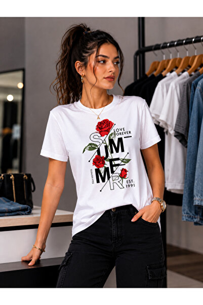 ENB1R MODA Γυναικείο λευκό βασικό μπλουζάκι Summer Love Forever με στάμπα τρι...