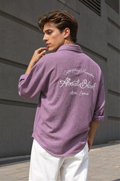 MATTİMODA Erkek Oversize Gül Kurusu Müslin Kumaş Nakış Detaylı Gömlek