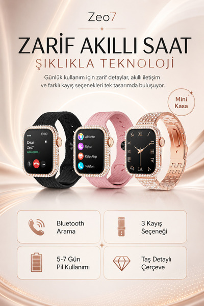 Zeo7 G19 Mini Rose Gold Akıllı Saat, Bluetooth Arama, 3 Kordon, Mini Kasa, Ta...