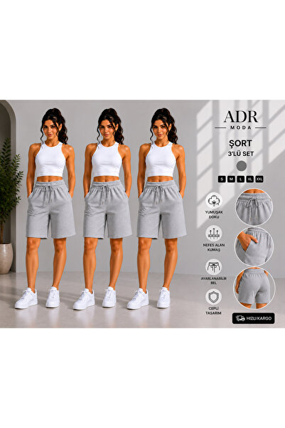 ADR MODA 3’lü Şort Seti Gri Rahat Kalıp Günlük Spor Şort