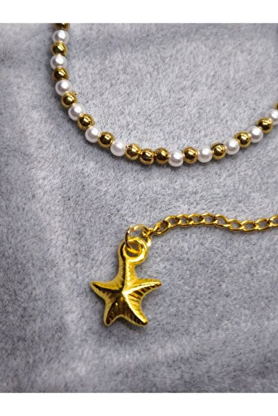 MuseumofYou Pearl Detailed Star Figured Gold Plated Elegant Anklet