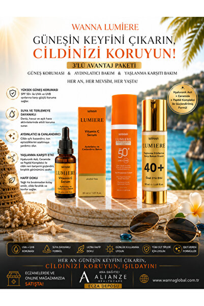 WANNA LUMIERE 3’lü Cilt Bakım Seti SPF50+ Güneş Koruyucu + Vitamin C Serum + ...
