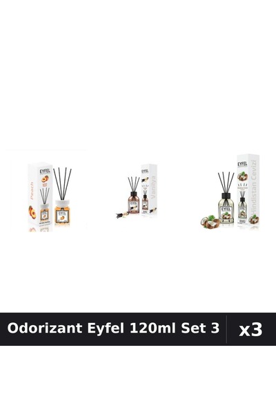 Eyfel Set 3 Odorizante Camera cu Betisoare 120ml - Piersica, Vanilie, Nuca Cocos