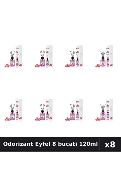 Eyfel Set 8 Odorizant Camera cu Betisoare Trandafir - Parfum Intens, 120ml