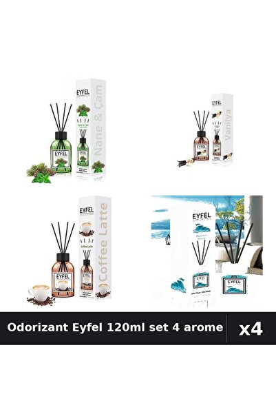 Eyfel Set 4 Odorizant Camera cu Betisoare 120ml - Cafea, Ocean, Pin Menta, Va...