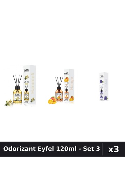 Eyfel Set 3 Odorizante Camera cu Betisoare 120ml - Mângâiere, Mango, Zambile