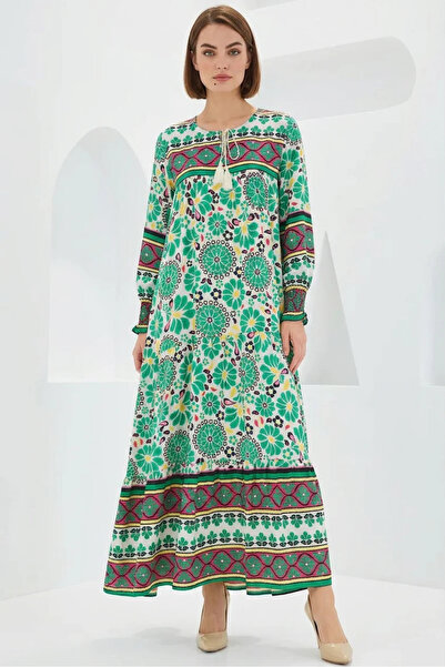 buğrahayalin Women's Round Neck Gathered Floral Patterned Viscose Green Dress