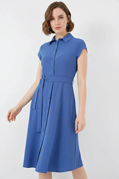 Generic Brand Women's Shirt Collar Belted Buttoned Cotton Indigo Dress