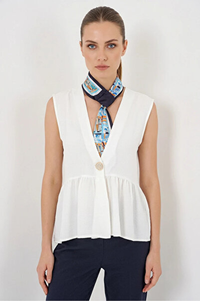 Şeker Portakalım Women's V-Neck Gathered Waist Zero Sleeve Buttoned White Blouse