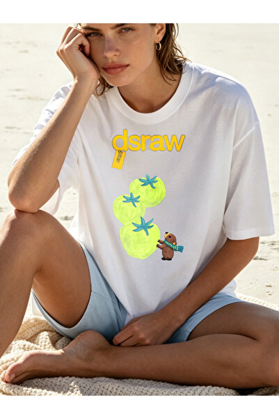 Fleck Womens T Shirts Cactus And Bear Print Casual Summer Style Oversized Whi...