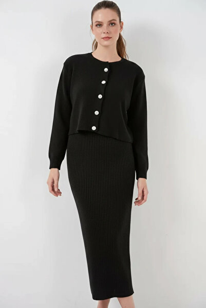 Şeker Portakalım Women's Round Neck Buttoned Knitwear Black Double Set
