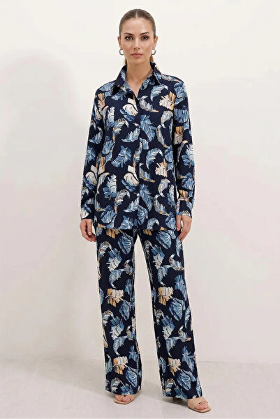 buğrahayalin Women's Shirt Collar Oversize Leaf Patterned Navy Blue Double Suit