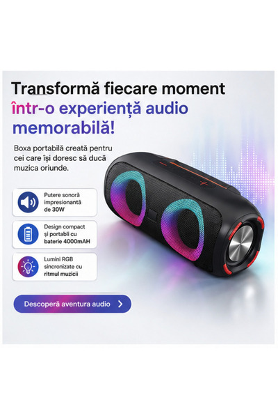 OEM Преносима Bluetooth колонка 30W с RGB светлини – Мощен звук и впечатляващ...