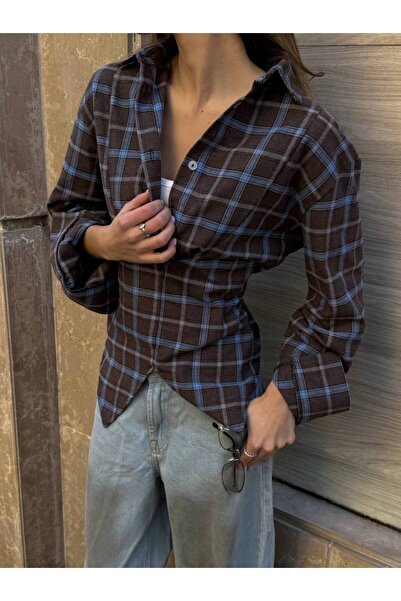 Elia Swimwear Women's Checkered Cotton Shirt With Corset Blue Brown Joy