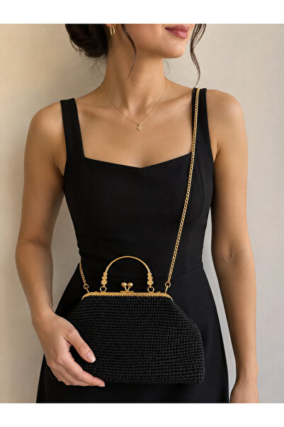 Hobi Kafe Black Hand Knitted Women's Bag with Gold Detail