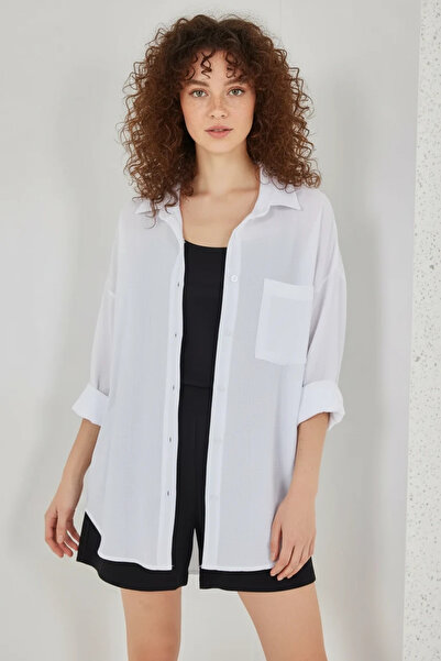buğrahayalin Women's Single Pocket Oversize Viscose White Shirt