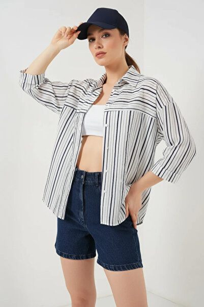 buğrahayalin Women's Short Sleeve Striped Viscose Light Navy Blue Shirt