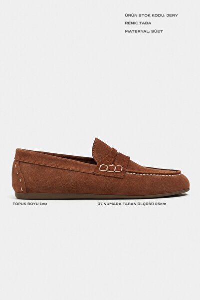 NİŞANTAŞI SHOES Jery Taba Hakiki Süet Deri Yuvarlak Burun Düz Taban Kadın Penny Loafer Ayakkabı
