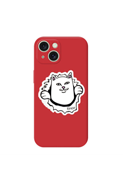 Other Apple iPhone 15 White cat Red Colored Silicone TPU Θήκη