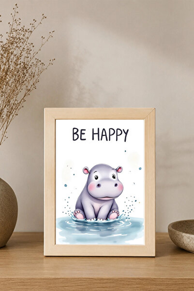Desenova Poster pentru camera copiilor Be Happy Hipopotam, tablou cu ramă din lemn