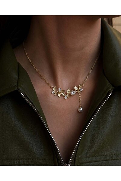 neslyaccessories İnci Damla Kelebek 14 Ayar Altın Kaplama Kolye