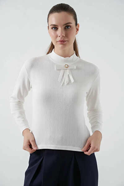 buğrahayalin Women's High Collar Ribbon Detailed Pearl White Blouse