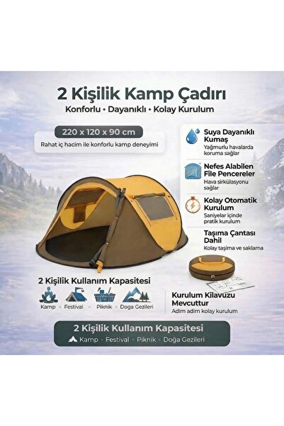 Go İthalat 2 Kişilik Vagon Tipi Yarı Otomatik Kamp Çadırı Çift Kapılı 220x120...