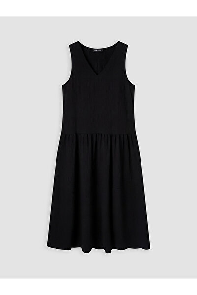 LC Waikiki Nevavm V-Neck Textured Pleated Dress with a Difference