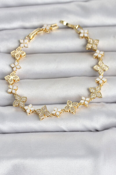 STİLLOVE Brass Zircon Stone and Enamel Clover Model Gold Color Women's Bracelet