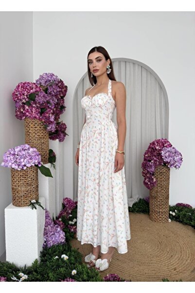 Caddebostan Moda Floral Patterned Strappy Corset Detailed Midi Dress