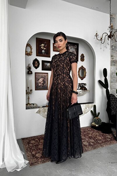 Caddebostan Moda Crew Neck Short Sleeve Lace Embroidered Stylish Midi Dress