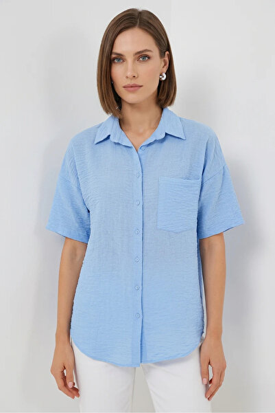 buğrahayalin Women's Short Sleeve Viscose Blue Shirt with Pocket Detail