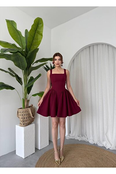 Caddebostan Moda Back Detailed Bowknot Mini Evening Dress Square Neckline Hom...