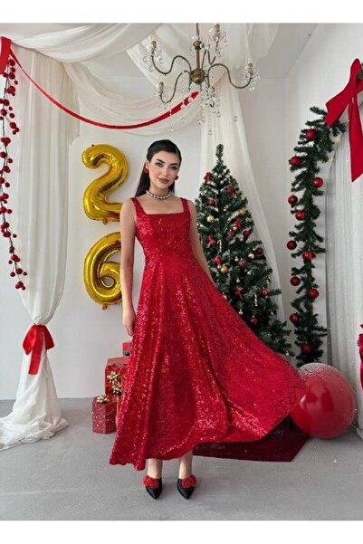 Caddebostan Moda Women's Square Neck Strap Evening Dress Sequin Dress Graduat...